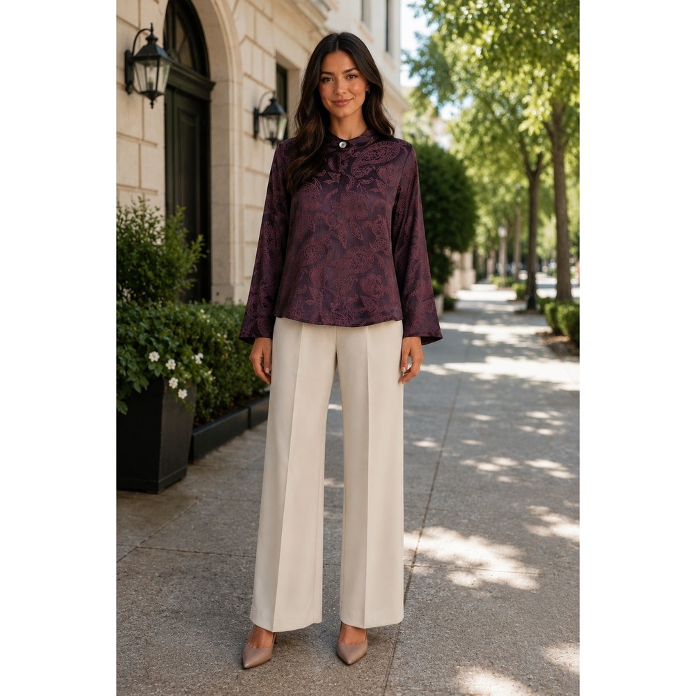 Women's L/XL Crinkle Textured Paisley Floral Blouse Mandarin Collar Brown Artsy‎